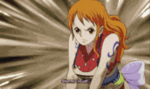 nami from one piece says " storm cloud " in a cartoon