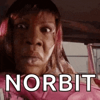 a woman in a pink shirt is sitting in a car with the word norbit written on her face .