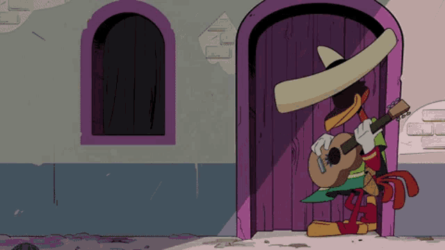 a cartoon character is playing a guitar in front of a purple door