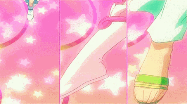 a girl in a blue dress is dancing in a pink and green dress