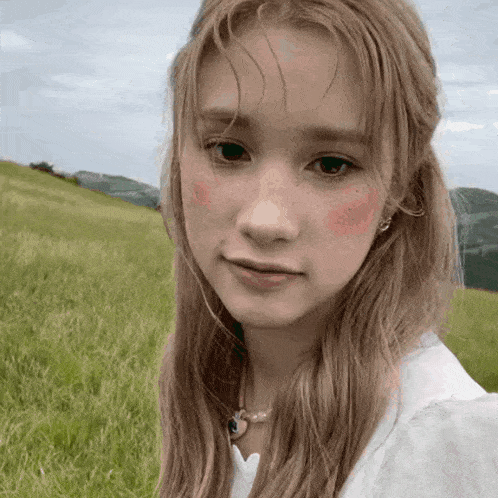 a girl with blonde hair and freckles is standing in a grassy field