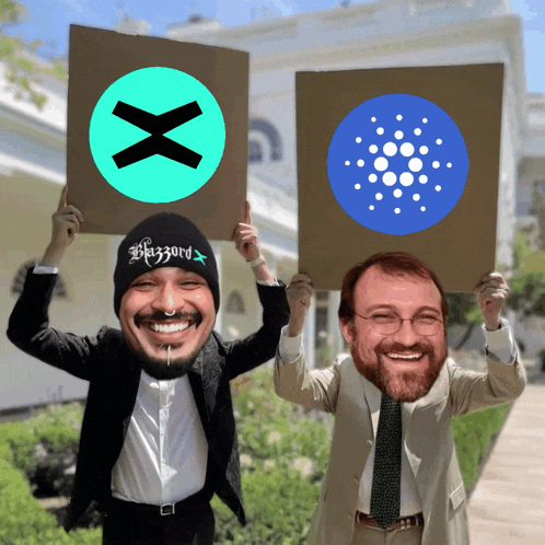 two men holding up signs one of which says blizzard on it