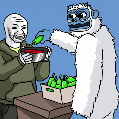 a cartoon of a man holding a bowl of food next to a yeti