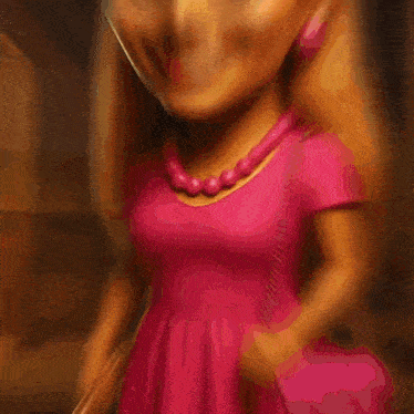 a cartoon drawing of a woman in a pink dress holding a glowing object