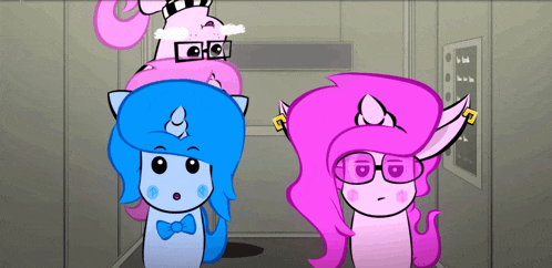 a cartoon of a blue unicorn and a pink unicorn standing next to each other in an elevator