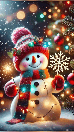 a snowman wearing a hat and scarf is holding a snowflake in front of a christmas tree .