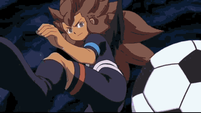 a cartoon character is kicking a soccer ball with his foot