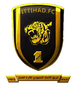 a black and gold shield with a tiger and the word ittihad.fc on it