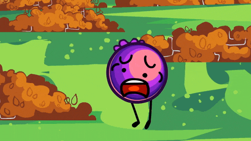 a cartoon character with a sad face is standing in a field of dirt