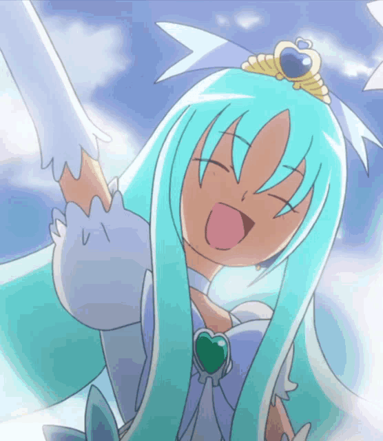 a cartoon character with blue hair and a heart shaped pendant