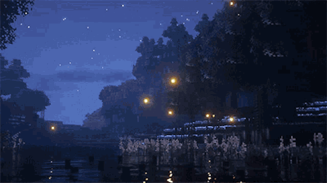 a computer generated image of a river with trees and lights at night