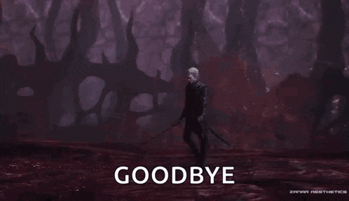 a video game character says goodbye in front of a purple lightning strike