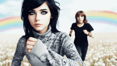 a girl with blue eyes is standing in a field of dandelions