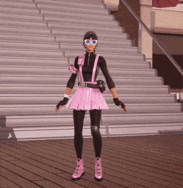 a girl in a pink skirt is standing in front of some stairs