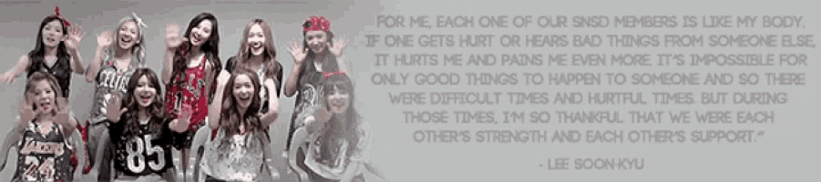 a group of girls are standing next to each other with a quote by lee soon kyu