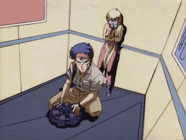 a cartoon of a man kneeling down next to a girl