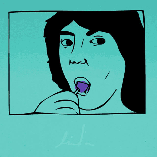 a drawing of a woman licking a purple lollipop with the name linda written below her
