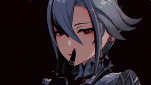 a girl with red eyes is standing in a dark room surrounded by red lights .