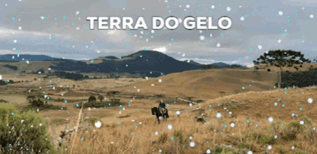 a person riding a horse in a field with terra do gelo written in the background
