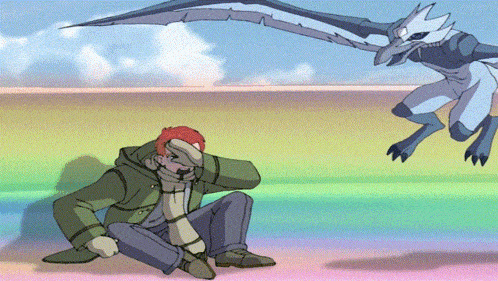a cartoon of a man covering his face with his hand and a dragon flying in the background