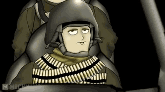 a cartoon of a man wearing a helmet and a scarf with bullets around his neck
