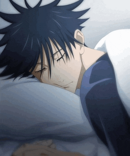 a black haired anime character is sleeping on a bed