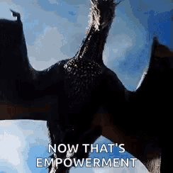 a dragon is flying in the sky with the words `` now that 's empowerment '' written on the bottom .