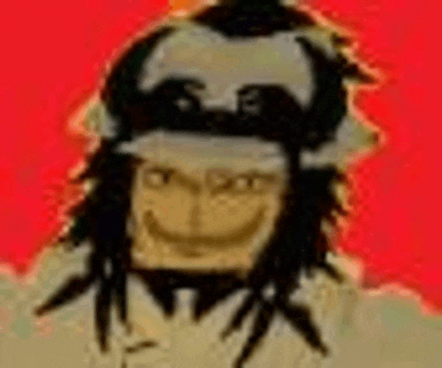 a painting of a man with dreadlocks wearing a hat and smiling on a red background .