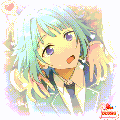 a drawing of a boy with blue hair and a cake on the bottom