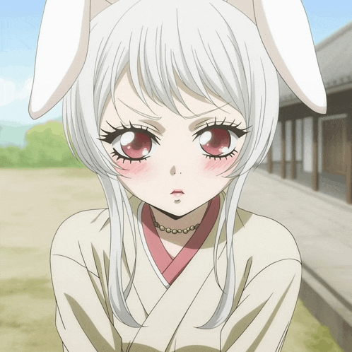 a girl with white hair and bunny ears has a necklace around her neck