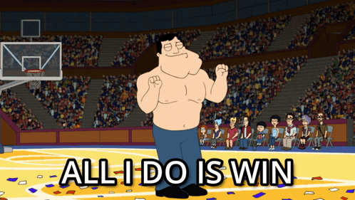 a cartoon of a man on a basketball court with the words all i do is win behind him