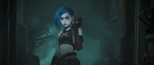a cartoon character with blue hair is standing in the dark