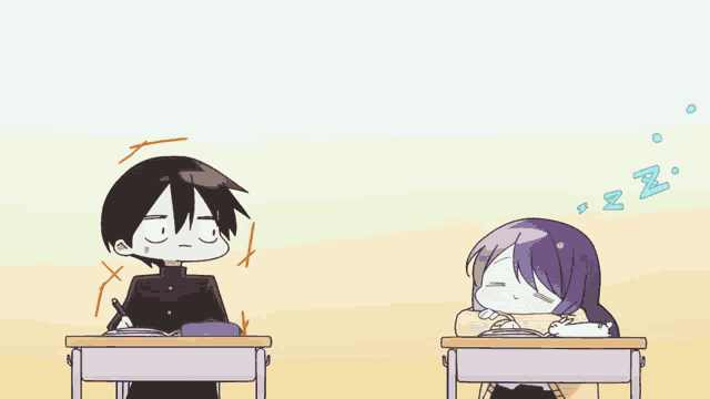 a boy and a girl are sitting at desks in a classroom and the girl is sleeping on the desk