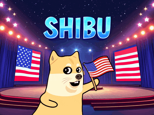 a cartoon dog is holding an american flag in front of a stage with the word shibu on it