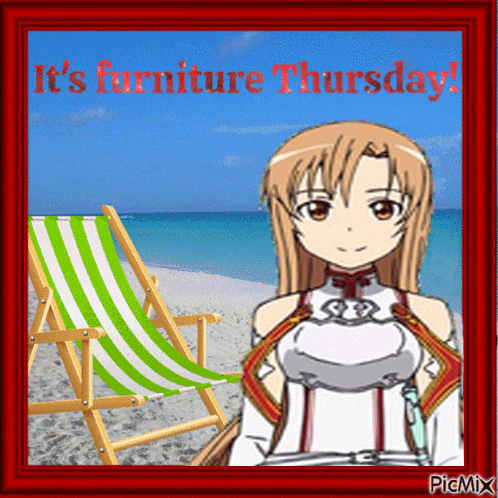 a picture of a girl on a beach with the words " it 's furniture thursday "