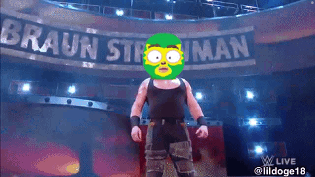 a wrestler in a green mask is standing in front of a sign that says braun stroman