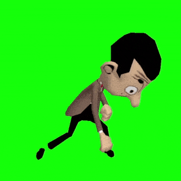 a cartoon character in a suit and tie is jumping in the air on a green screen