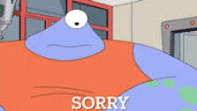 a cartoon character is saying sorry in a room