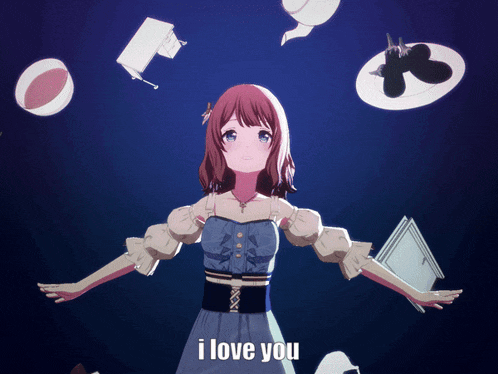 a girl in a blue dress says i love you surrounded by objects