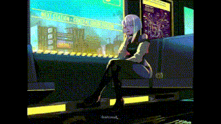 a pixel art illustration of a girl sitting on a bus with a city in the background .