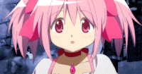 a close up of a pink haired anime girl with a red choker
