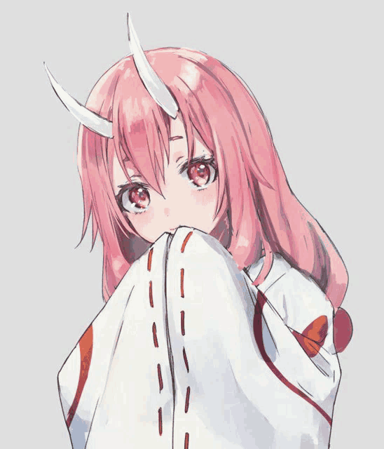 a drawing of a girl with pink hair and horns covering her face