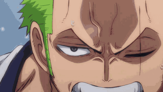 a close up of a person 's face with green hair and a white eye
