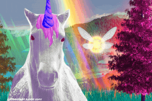 a unicorn with a purple mane and horn is surrounded by a rainbow