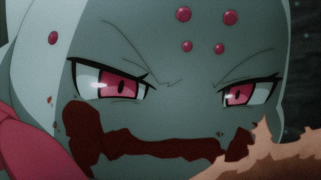 a close up of a spider with pink eyes and blood on its face