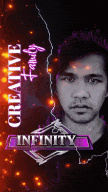 a poster with a man 's face and the words creative family infinity on it