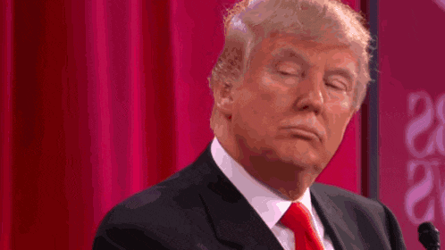 donald trump in a suit and tie stands in front of a red curtain