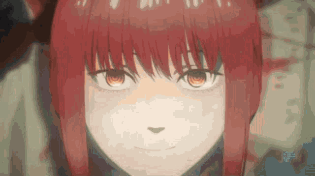 a close up of a anime girl with red hair and brown eyes