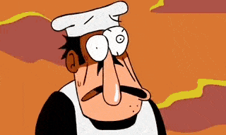 a cartoon of a man wearing a chef 's hat and apron making a funny face .