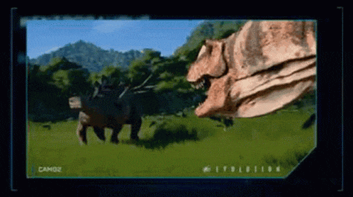 two dinosaurs are fighting in a field with mountains in the background